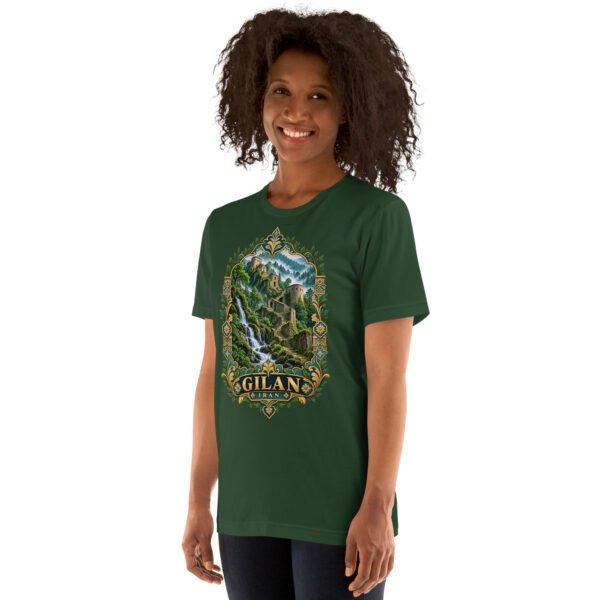 Forest Gilan unisex t-shirt, front view with Rudkhan Castle in the Hyrcanian forest design