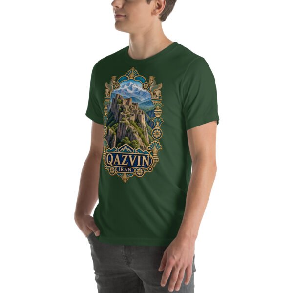 Forest Qazvin unisex t-shirt, front view with Alamut Castle on its rocky Alborz cliff design