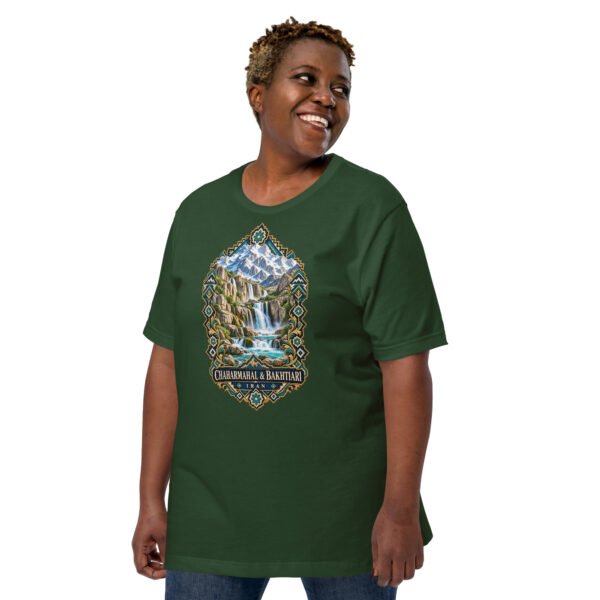 Forest Chaharmahal and Bakhtiari unisex t-shirt, front view with Zard-Kuh and the Koohrang waterfall design