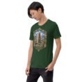 Forest Ardabil unisex t-shirt, front view with ancient Shahr-e Yeri stone figures and Mount Sabalan design