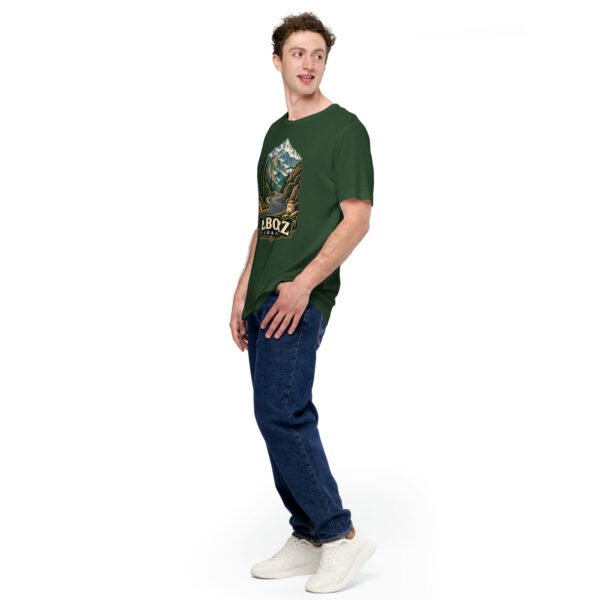 Forest Alborz unisex t-shirt, front view with Chalus Road winding through the Alborz Mountains design
