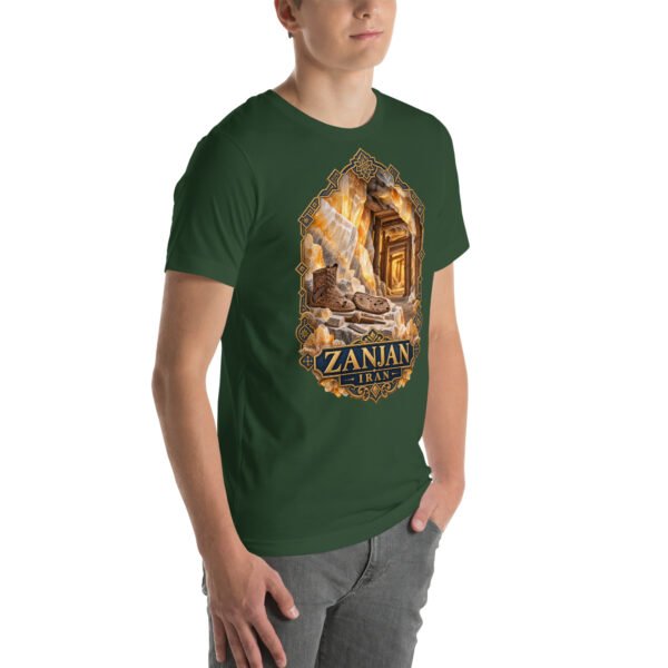 Forest Zanjan unisex t-shirt, front view with Chehrabad salt mine and salt crystals design