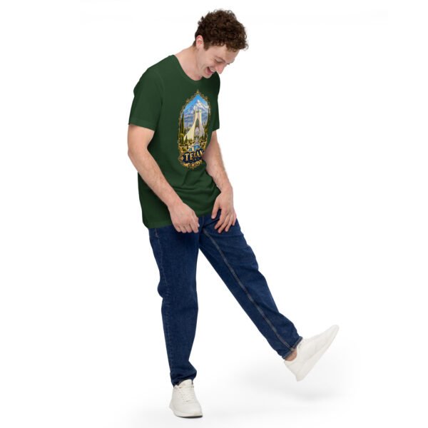 Forest Tehran unisex t-shirt, front view with Azadi Tower and Mount Damavand design