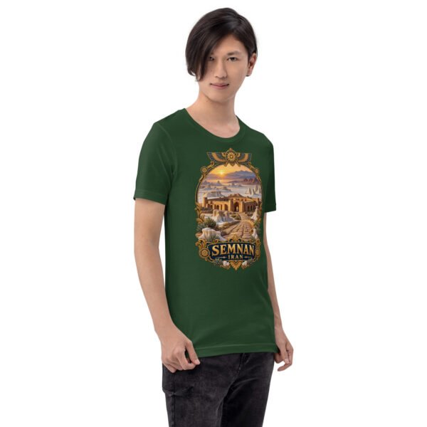 Forest Semnan unisex t-shirt, front view with Qasr-e Bahram caravanserai in the Dasht-e Kavir design