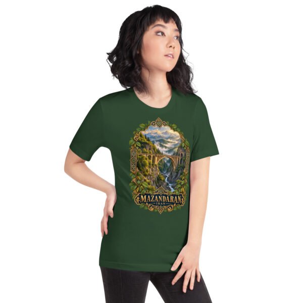 Forest Mazandaran unisex t-shirt, front view with terraced springs of Badab-e Surt in the Hyrcanian forest design
