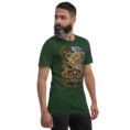 Forest Kurdistan unisex t-shirt, front view with Ziwiye fortress and golden Mannaean motifs design