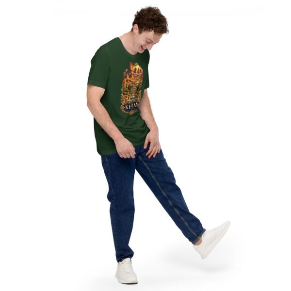unisex-staple-t-shirt-forest-right-front-6acbd5352cff8.jpg Forest Kerman unisex t-shirt, front view with Arg-e Bam citadel and desert palm groves design