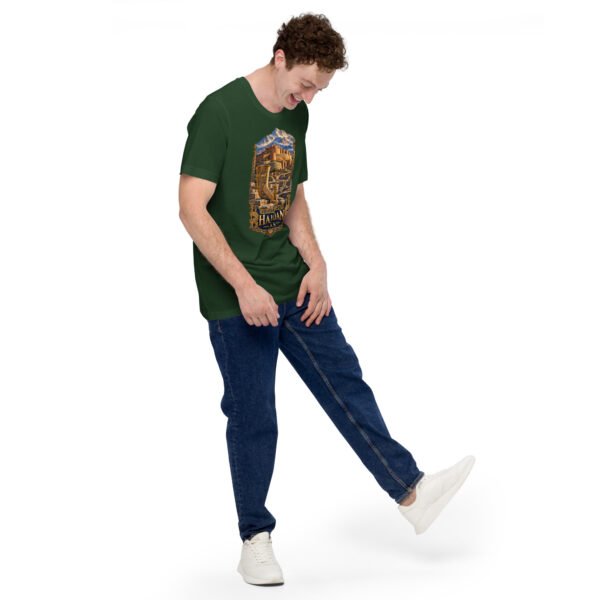 unisex-staple-t-shirt-forest-right-front-6acbd9f3e23b7.jpg Forest Hamedan unisex t-shirt, front view with Ganjnameh inscriptions and Mount Alvand design
