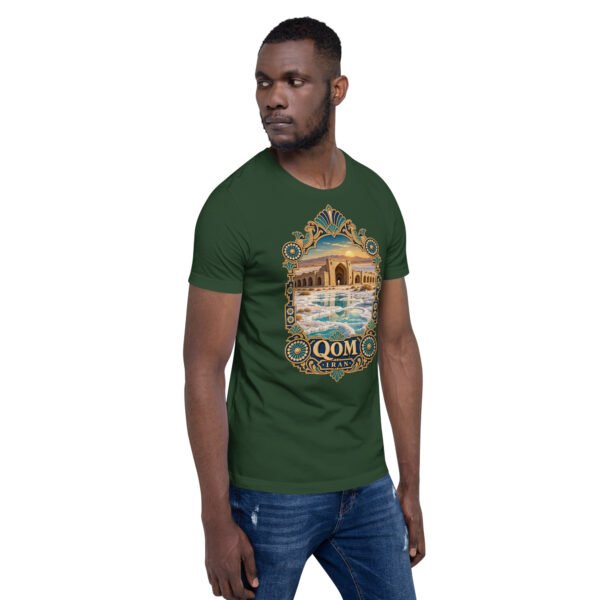 Forest Qom unisex t-shirt, front view with Deir-e Gachin caravanserai in the desert design