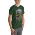 Forest Qazvin unisex t-shirt, front view with Alamut Castle on its rocky Alborz cliff design