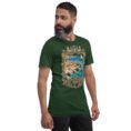 Forest Bushehr unisex t-shirt, front view with ancient port of Siraf and the Persian Gulf design