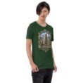 Forest Ardabil unisex t-shirt, front view with ancient Shahr-e Yeri stone figures and Mount Sabalan design