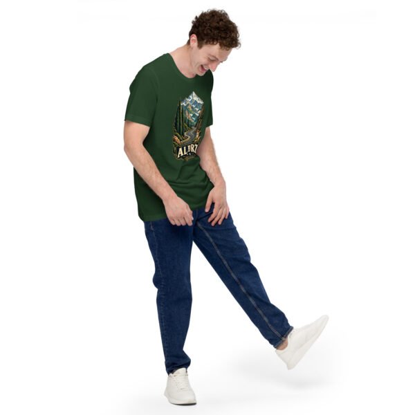 Forest Alborz unisex t-shirt, front view with Chalus Road winding through the Alborz Mountains design