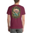 Maroon Zanjan unisex t-shirt, back view with Katale Khor cave and the colorful mountains of Mahneshan design
