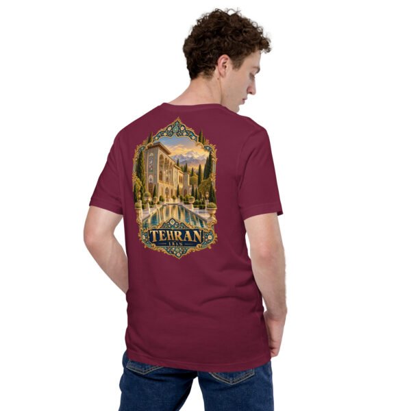 Maroon Tehran unisex t-shirt, back view with Azadi Tower and Mount Damavand design