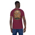 Maroon Sistan and Baluchestan unisex t-shirt, back view with Makran coast and the miniature mountains of Chabahar design
