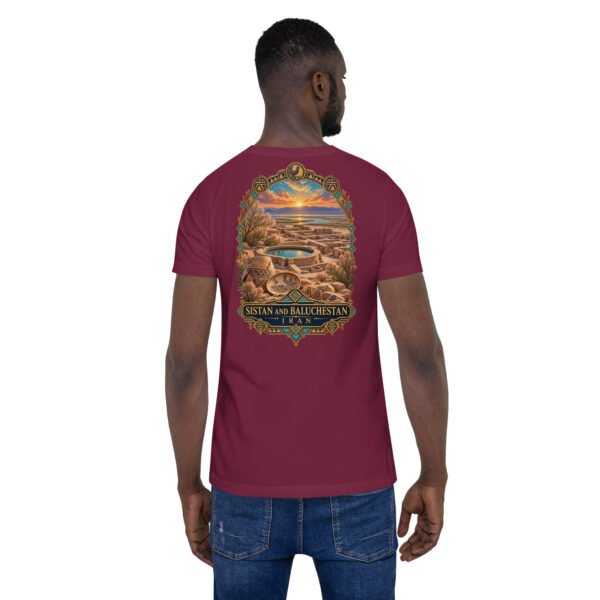Maroon Sistan and Baluchestan unisex t-shirt, back view with Makran coast and the miniature mountains of Chabahar design