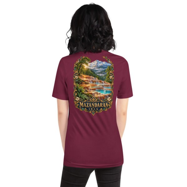 Maroon Mazandaran unisex t-shirt, back view with Veresk Bridge and the slopes of the Alborz design