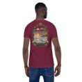 Maroon Markazi unisex t-shirt, back view with mountains of Haftad Gholleh in central Iran design