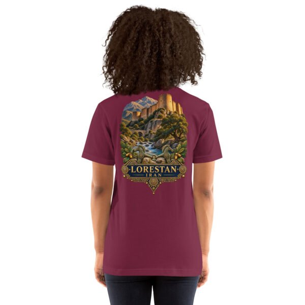 Maroon Lorestan unisex t-shirt, back view with Falak-ol-Aflak Castle in Khorramabad design
