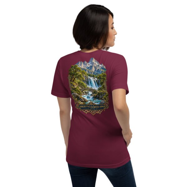 unisex-staple-t-shirt-maroon-back-6acbd049323d7.jpg Maroon Kohgiluyeh and Boyer-Ahmad unisex t-shirt, back view with Yasuj waterfall and Zagros oak forests design