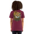 Maroon Khuzestan unisex t-shirt, back view with Shushtar Historical Hydraulic System and its waterfalls design