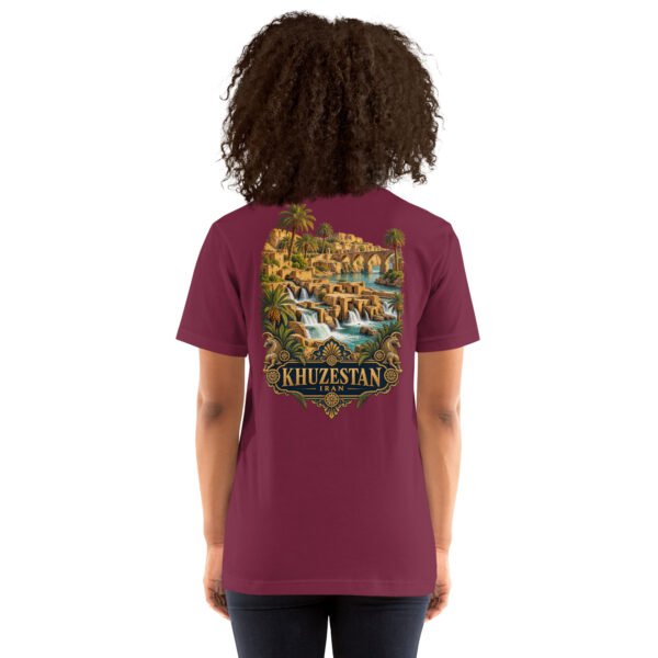 Maroon Khuzestan unisex t-shirt, back view with Shushtar Historical Hydraulic System and its waterfalls design