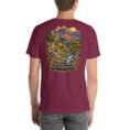 Maroon North Khorasan unisex t-shirt, back view with Aladagh mountains and the forests of Golestan National Park design
