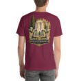 Maroon Khorasan Razavi unisex t-shirt, back view with Kalat-e Naderi and the Hezar Masjed mountains design