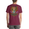 Maroon South Khorasan unisex t-shirt, back view with Lut Desert with barberry and saffron fields design