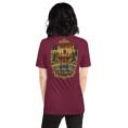 Maroon Isfahan unisex t-shirt, back view with Naqsh-e Jahan Square and Ali Qapu Palace design
