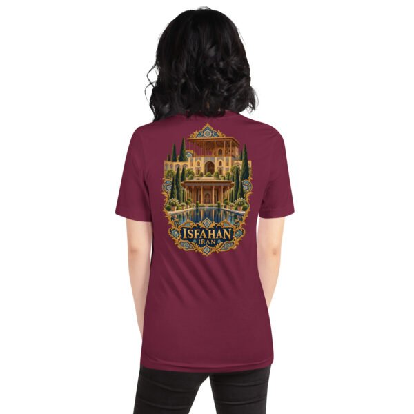 Maroon Isfahan unisex t-shirt, back view with Naqsh-e Jahan Square and Ali Qapu Palace design
