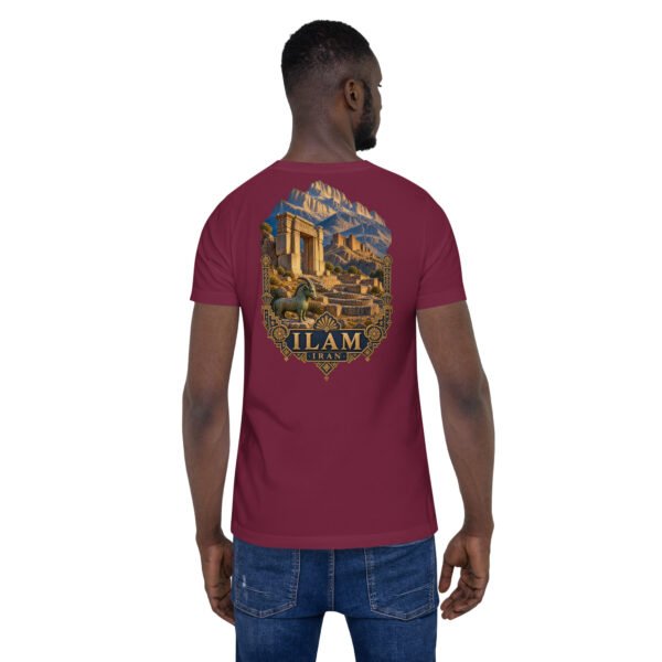 Maroon Ilam unisex t-shirt, back view with Zagros mountains and ancient Elamite rock reliefs design