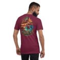 Maroon Hormozgan unisex t-shirt, back view with Laft windcatchers, colorful Hormuz soil and the Persian Gulf design