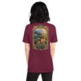 Maroon Golestan unisex t-shirt, back view with Great Wall of Gorgan, Hyrcanian forest and northern plains design