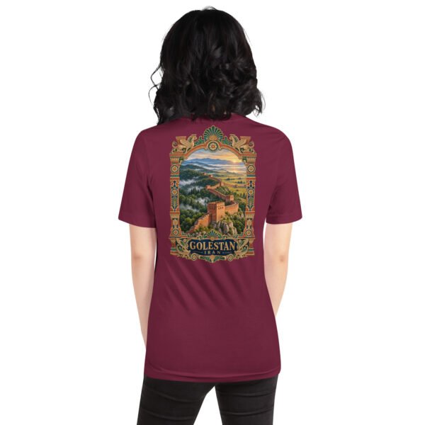 Maroon Golestan unisex t-shirt, back view with Great Wall of Gorgan, Hyrcanian forest and northern plains design