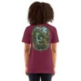 Maroon Gilan unisex t-shirt, back view with Rudkhan Castle, misty forest and waterfalls design