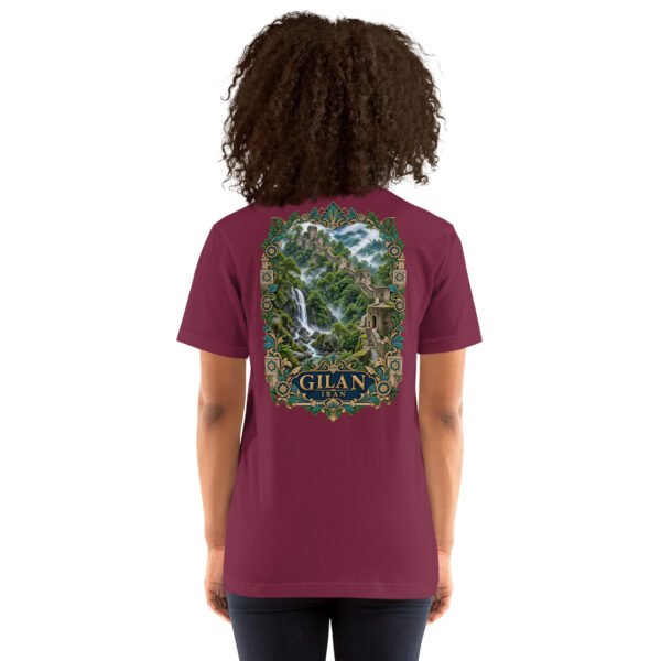 Maroon Gilan unisex t-shirt, back view with Rudkhan Castle, misty forest and waterfalls design