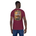 Maroon Qom unisex t-shirt, back view with Deir-e Gachin caravanserai, desert and salt lake design