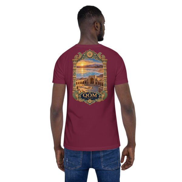 Maroon Qom unisex t-shirt, back view with Deir-e Gachin caravanserai, desert and salt lake design