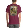 Maroon Qazvin unisex t-shirt, back view with Alamut Castle, Alborz cliffs and ancient rock motifs design
