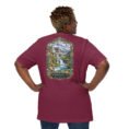 Maroon Chaharmahal and Bakhtiari unisex t-shirt, back view with Koohrang waterfall, Zagros cliffs and Bakhtiari kilim patterns design