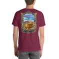 Maroon West Azerbaijan unisex t-shirt, back view with Hasanlu, Lake Urmia and Iron Age motifs design
