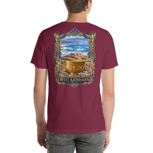 Maroon West Azerbaijan unisex t-shirt, back view with Hasanlu, Lake Urmia and Iron Age motifs design