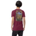 Maroon Ardabil unisex t-shirt, back view with Shahr-e Yeri stone figure in front of Mount Sabalan design