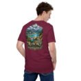 Maroon Alborz unisex t-shirt, back view with Alborz Mountains, dam lake and winding road design