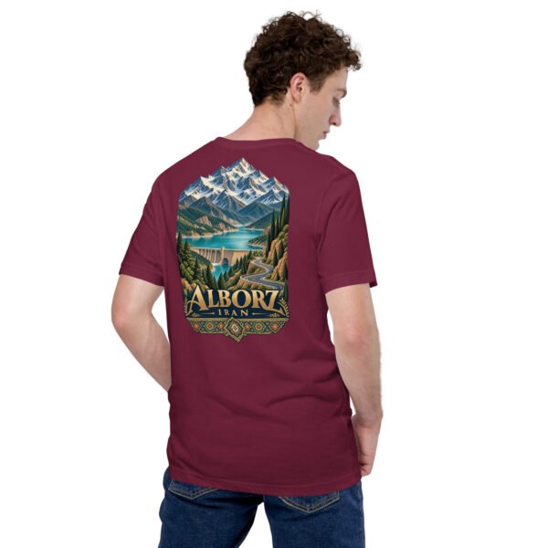 Maroon Alborz unisex t-shirt, back view with Alborz Mountains, dam lake and winding road design