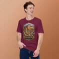 Maroon Hamedan unisex t-shirt, front view with Ganjnameh inscriptions and Mount Alvand design