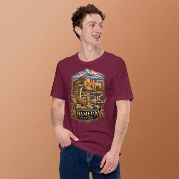 unisex-staple-t-shirt-maroon-front-2-6acbd9f3e426f.jpg Maroon Hamedan unisex t-shirt, front view with Ganjnameh inscriptions and Mount Alvand design