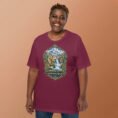 Maroon Chaharmahal and Bakhtiari unisex t-shirt, front view with Zard-Kuh and the Koohrang waterfall design